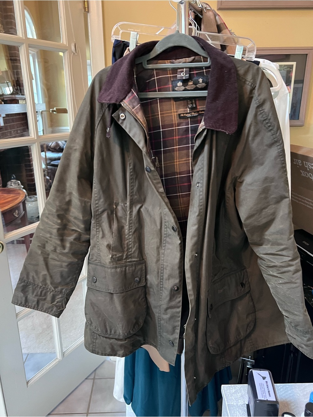 Barbour Olive Green Waxed Utility Jacket with Dark Corduroy Collar US Sz 18